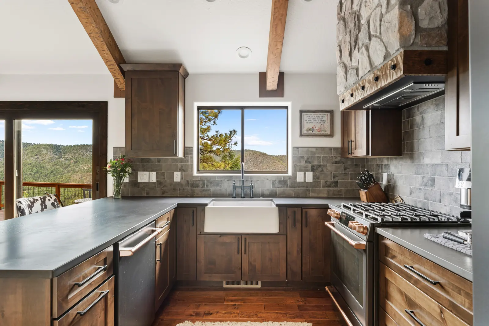Remodeled cabin kitchen with timber beams overhead, Daybreak at Ponderosa, Refined Designs by Natalie, Prescott, Arizona