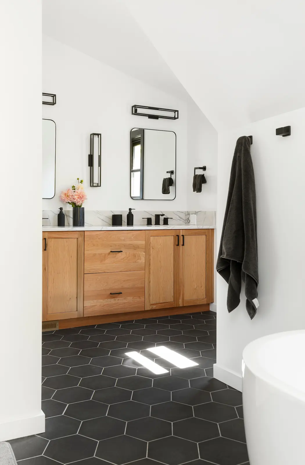 Double vanity over black hex tile, Historic Charm in a Small Town, Refined Designs by Natalie