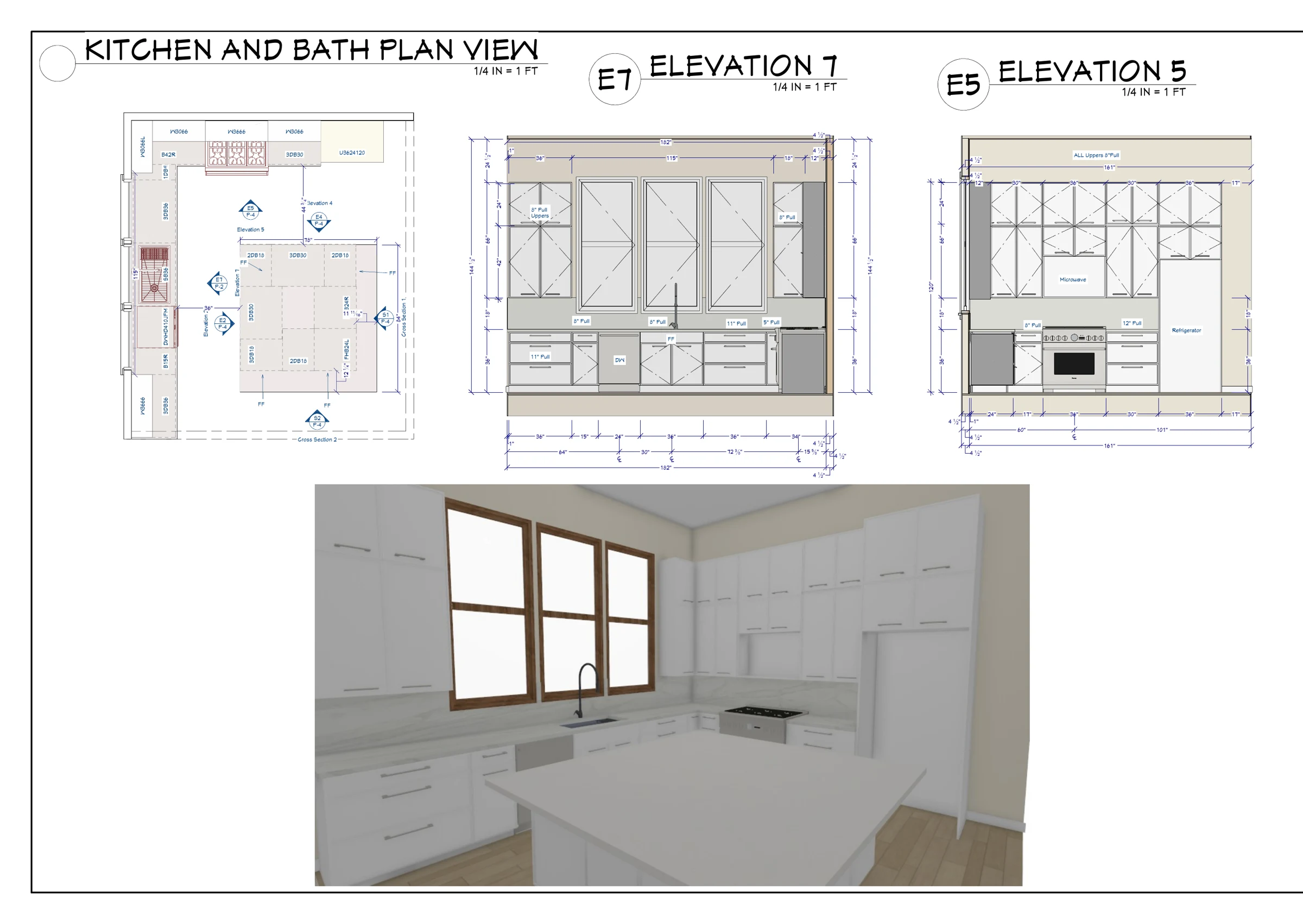 Kitchen plan, elevations and 3D rendering, The Modern Ranch Revival, Refined Designs by Natalie, Prescott, Arizona