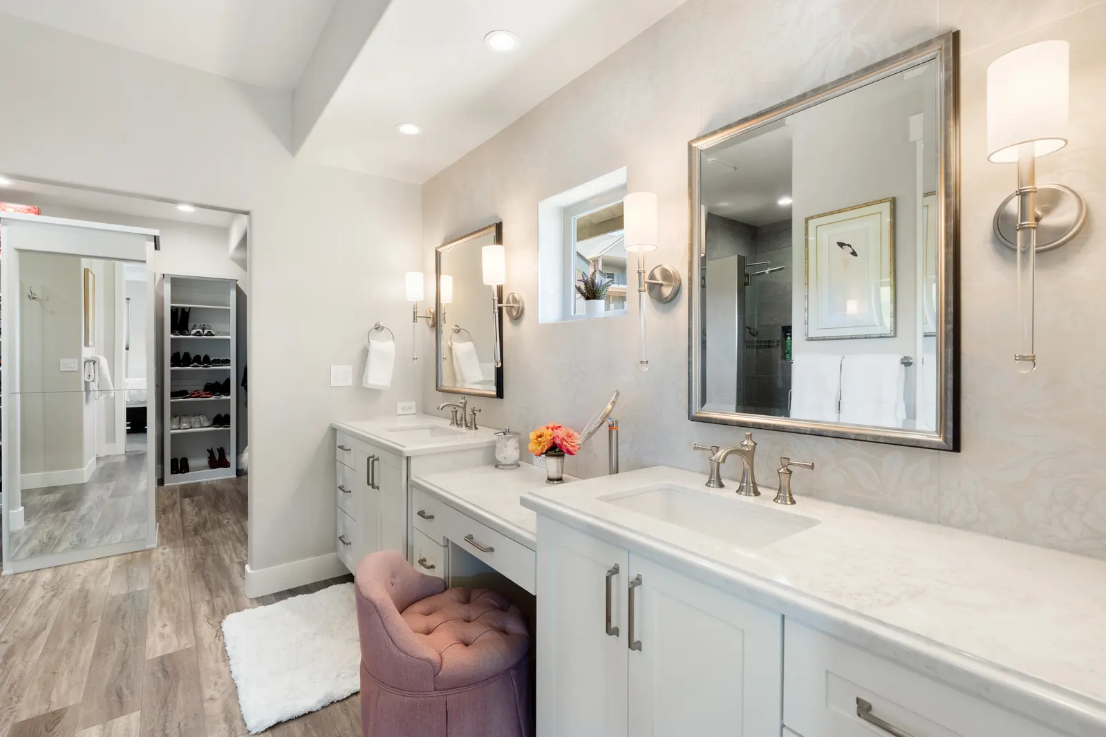 Primary bathroom vanity built as furniture, Layers of Romance, Refined Designs by Natalie