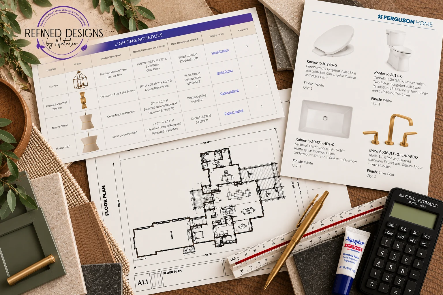 Interior design plans, lighting schedule, plumbing selections and finish samples, Refined Designs by Natalie, Prescott, Arizona