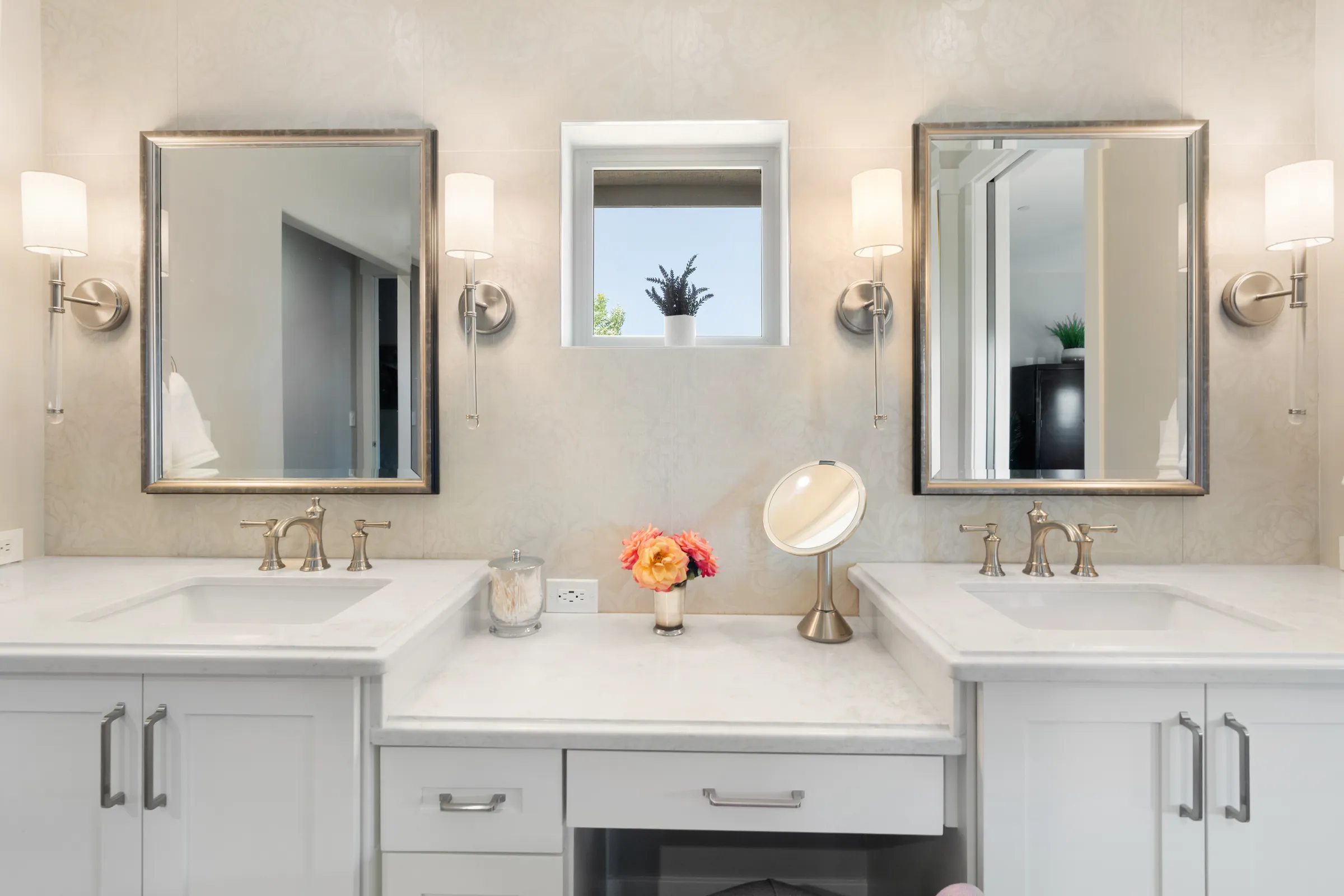 Symmetrical primary bathroom double vanity, Layers of Romance, Refined Designs by Natalie