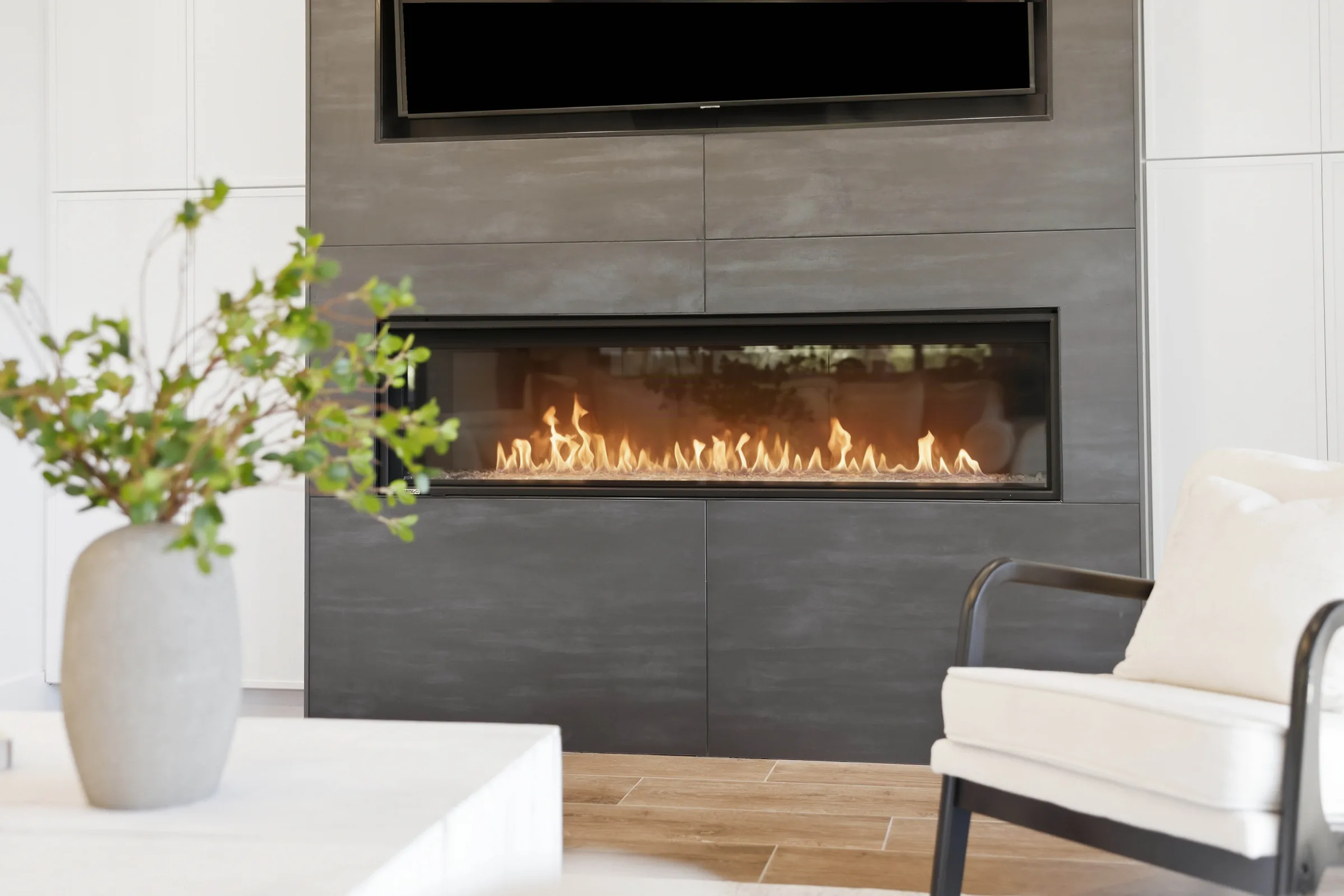 Linear gas fireplace in horizontal stacked tile, The Modern Ranch Revival, Refined Designs by Natalie, Prescott, Arizona