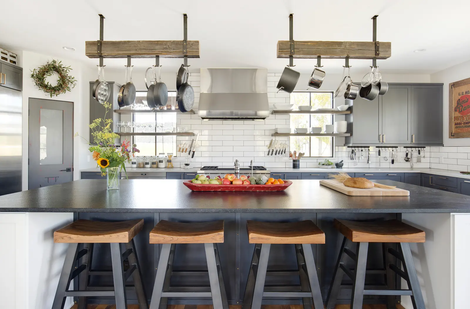 Chef's kitchen with range wall and island seating, Bright and Airy Farmhouse, Refined Designs by Natalie