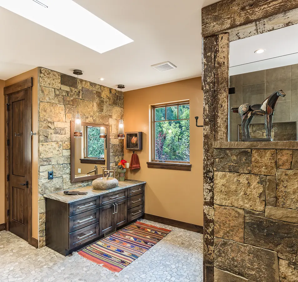 Stone-clad bathroom vanity, Rustic Mountain Retreat, Refined Designs by Natalie