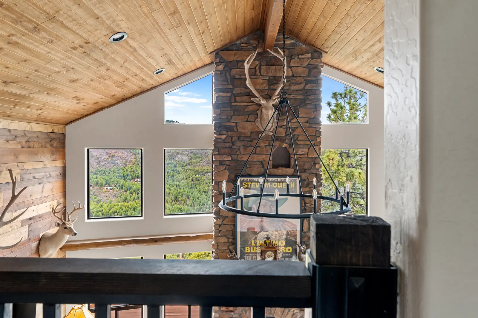 View from the cabin loft toward the timber roof structure, Daybreak at Ponderosa, Refined Designs by Natalie