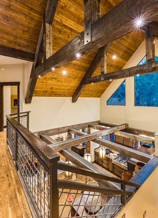 Upper landing overlooking the great room, Rustic Mountain Retreat, Refined Designs by Natalie