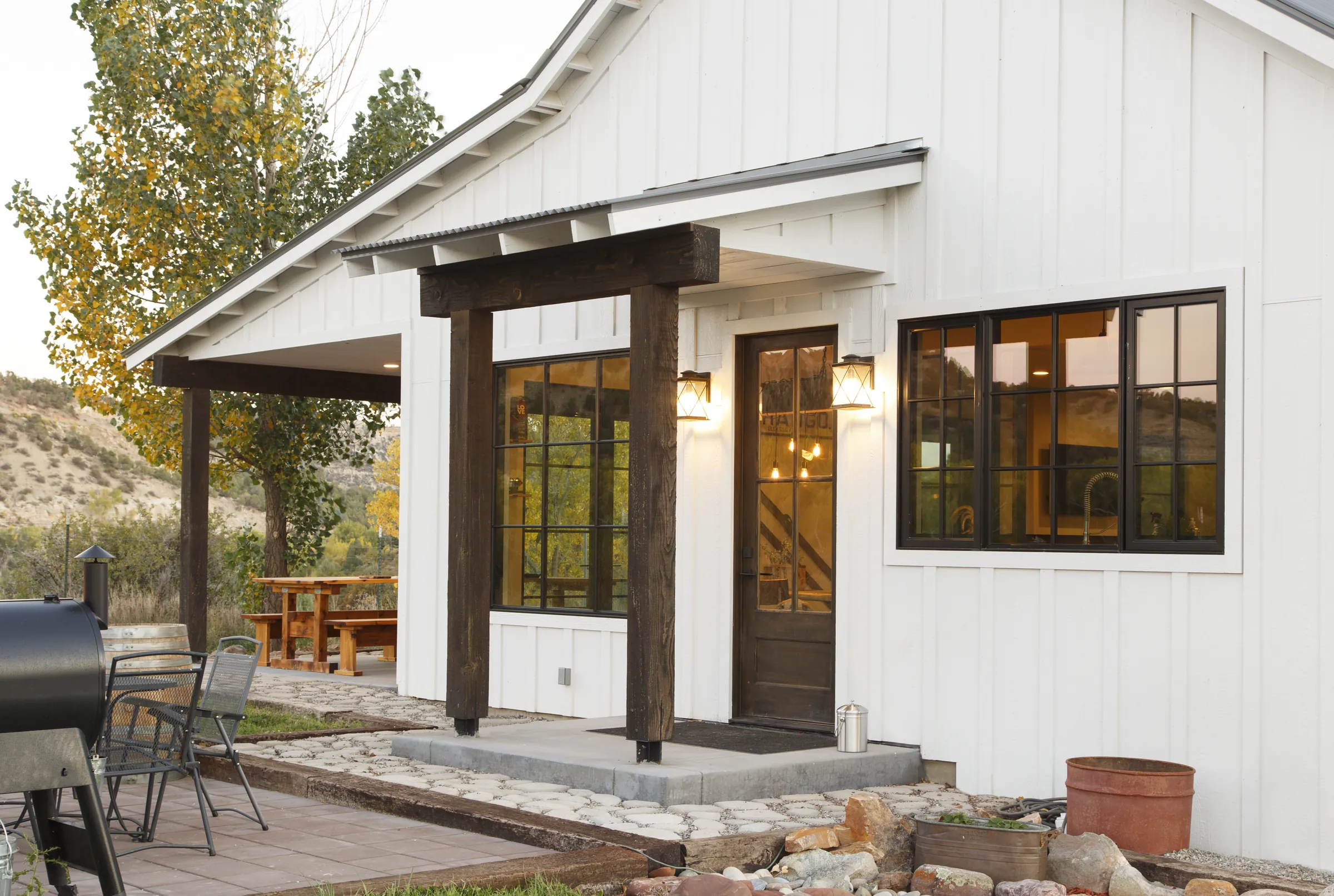 Timber-post side entry with steel windows, Bright and Airy Farmhouse, Refined Designs by Natalie