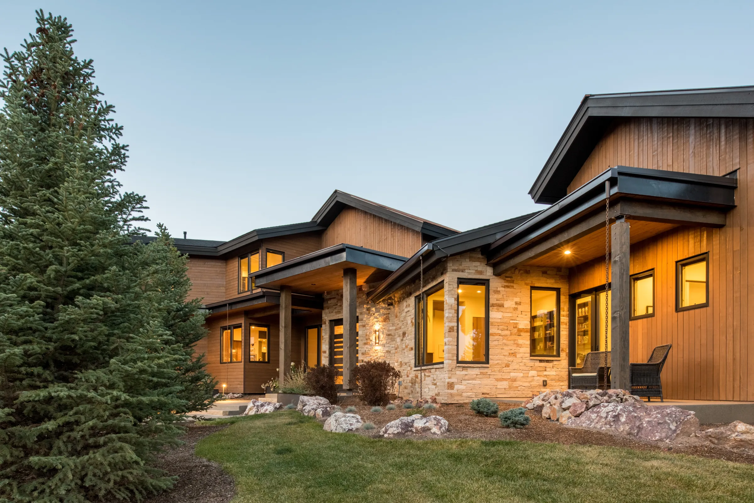Front exterior with stone and timber, Sophisticated Mountain Retreat, Refined Designs by Natalie