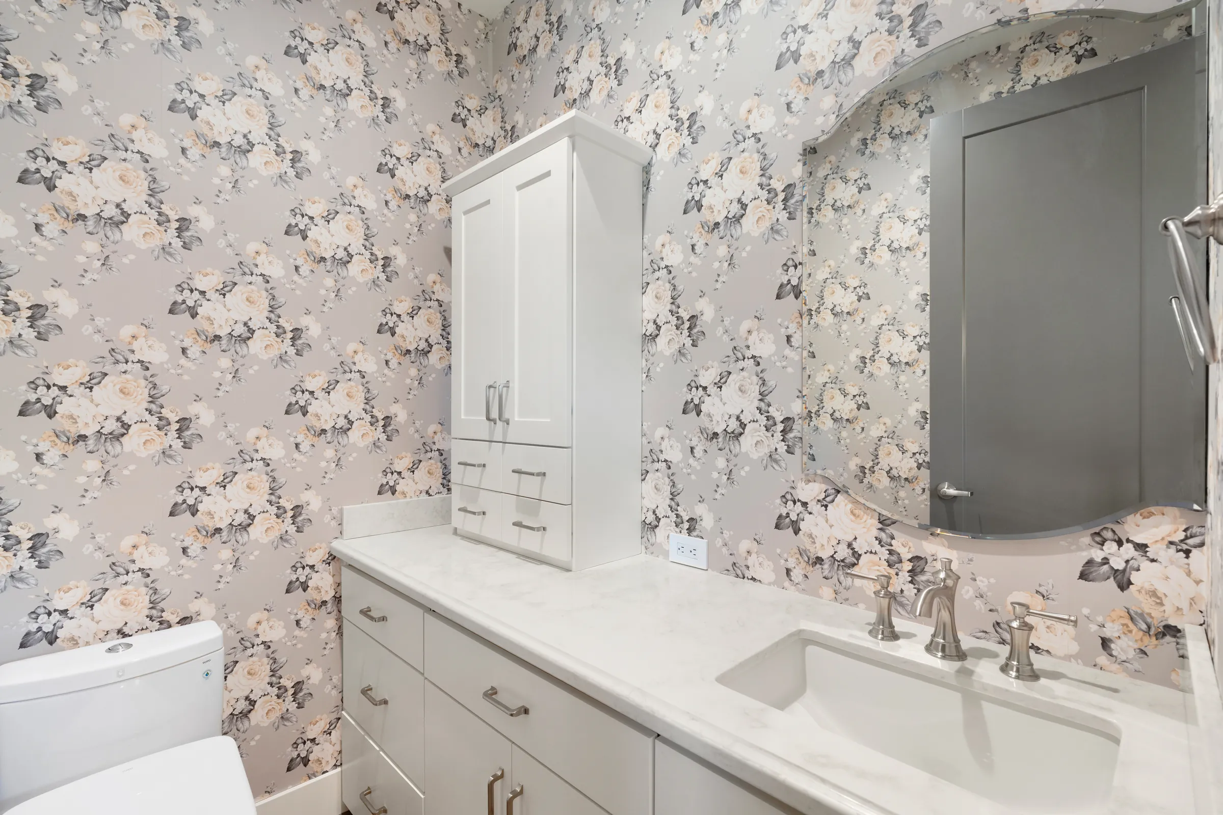 Primary powder room with custom cabinetry, Layers of Romance, Refined Designs by Natalie