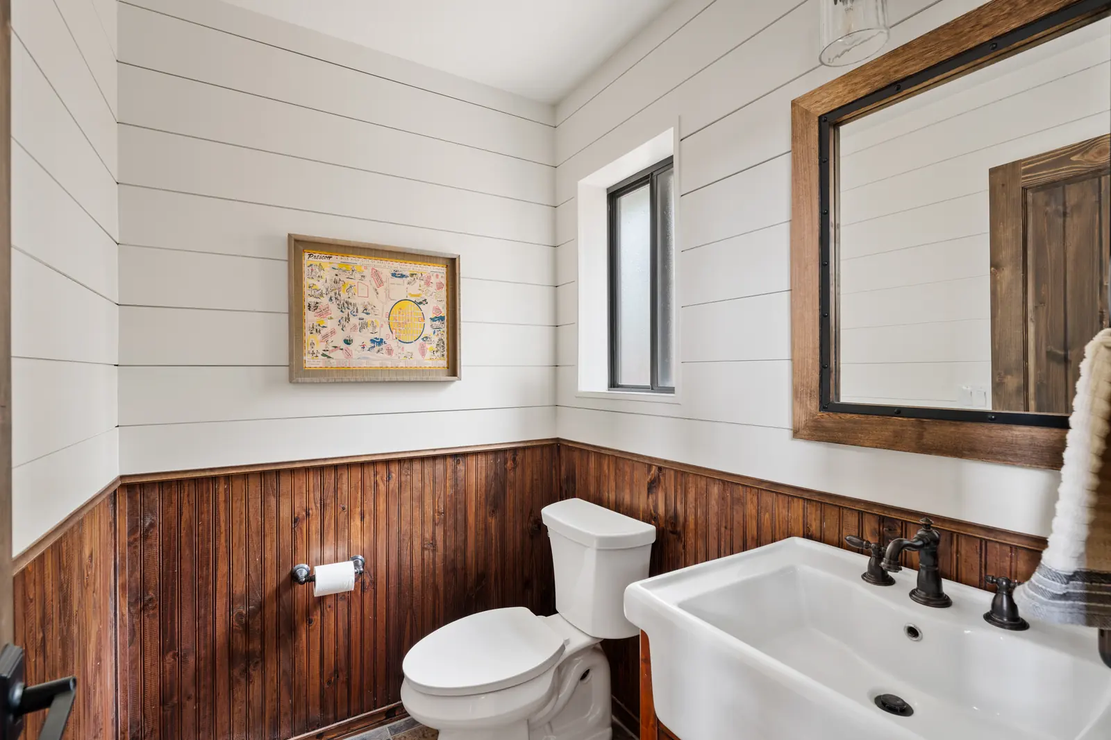 Powder room finishes selected to match the cabin architecture, Daybreak at Ponderosa, Refined Designs by Natalie