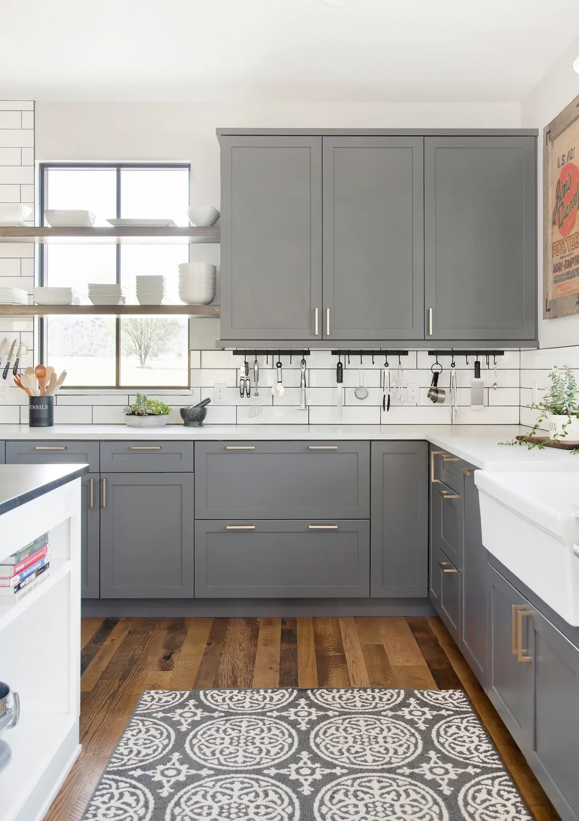 Gray custom cabinetry and open shelving, Bright and Airy Farmhouse, Refined Designs by Natalie