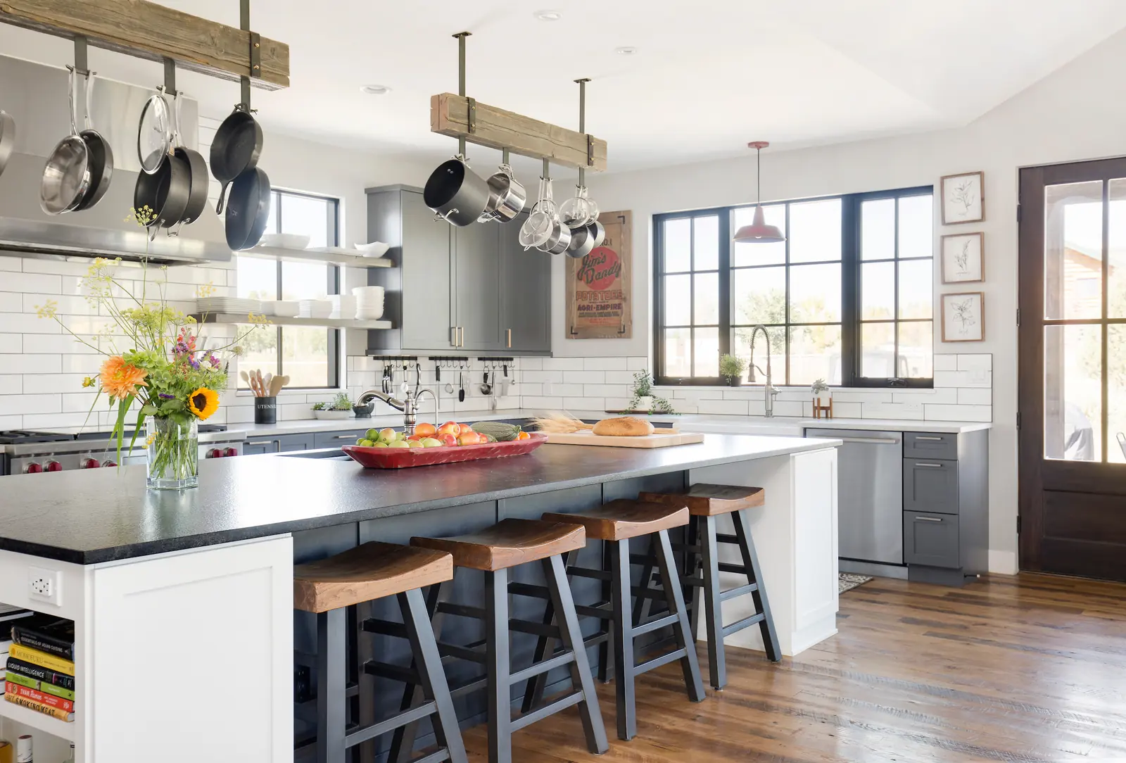 Fourteen-foot kitchen island with hanging pot rack, Bright and Airy Farmhouse, Refined Designs by Natalie