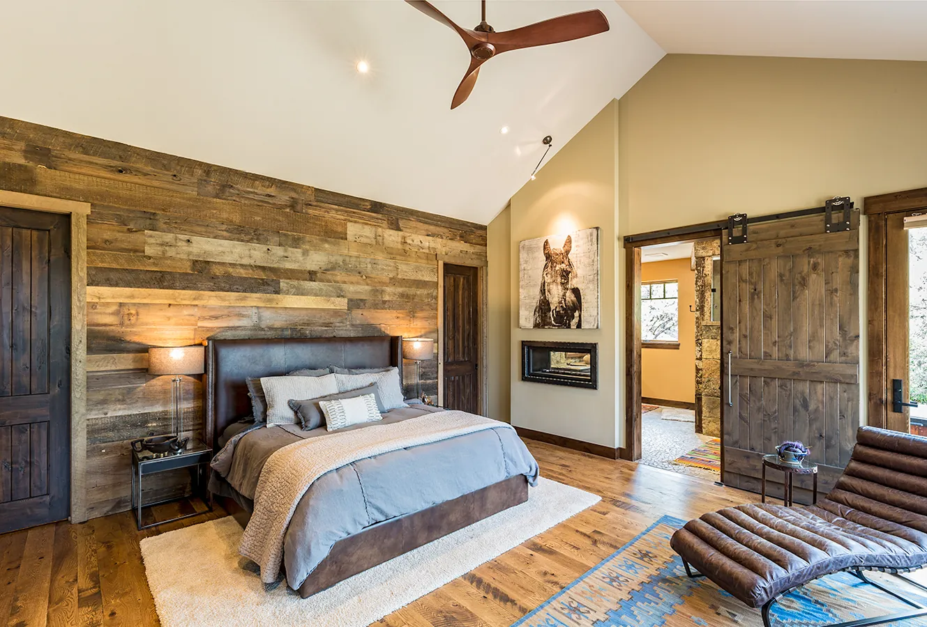 Primary bedroom with timber ceiling, Rustic Mountain Retreat, Refined Designs by Natalie