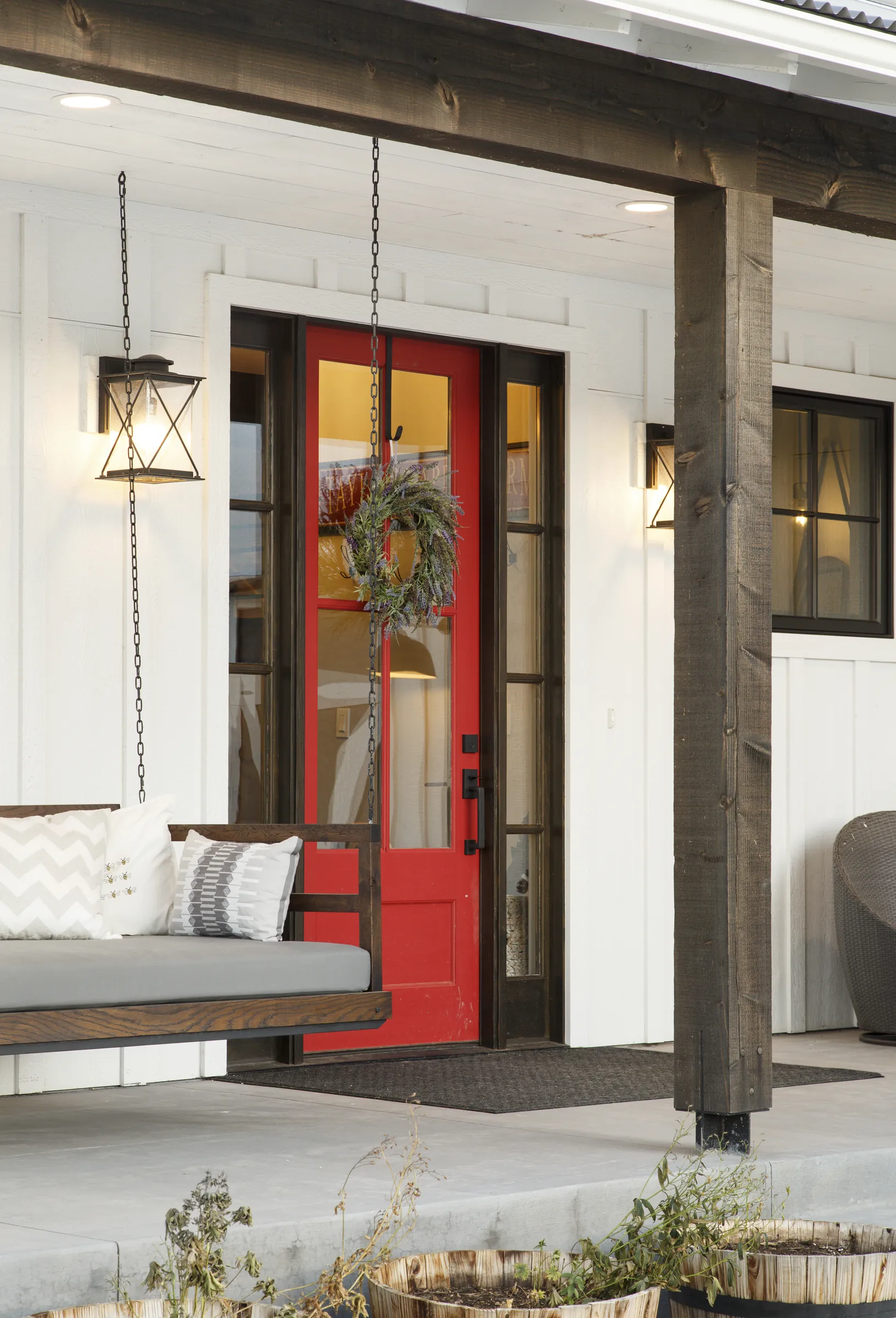 Front porch with red door and porch swing, Bright and Airy Farmhouse, Refined Designs by Natalie