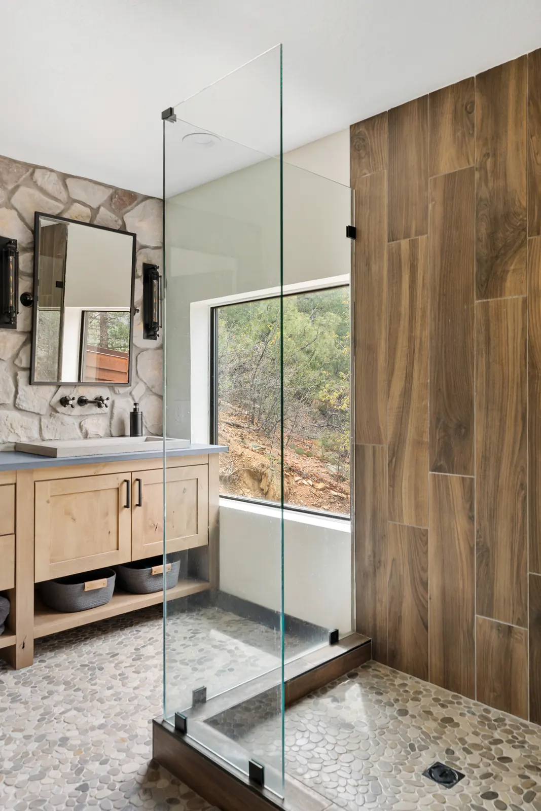 Primary bathroom shower after reconfiguration, Daybreak at Ponderosa, Refined Designs by Natalie
