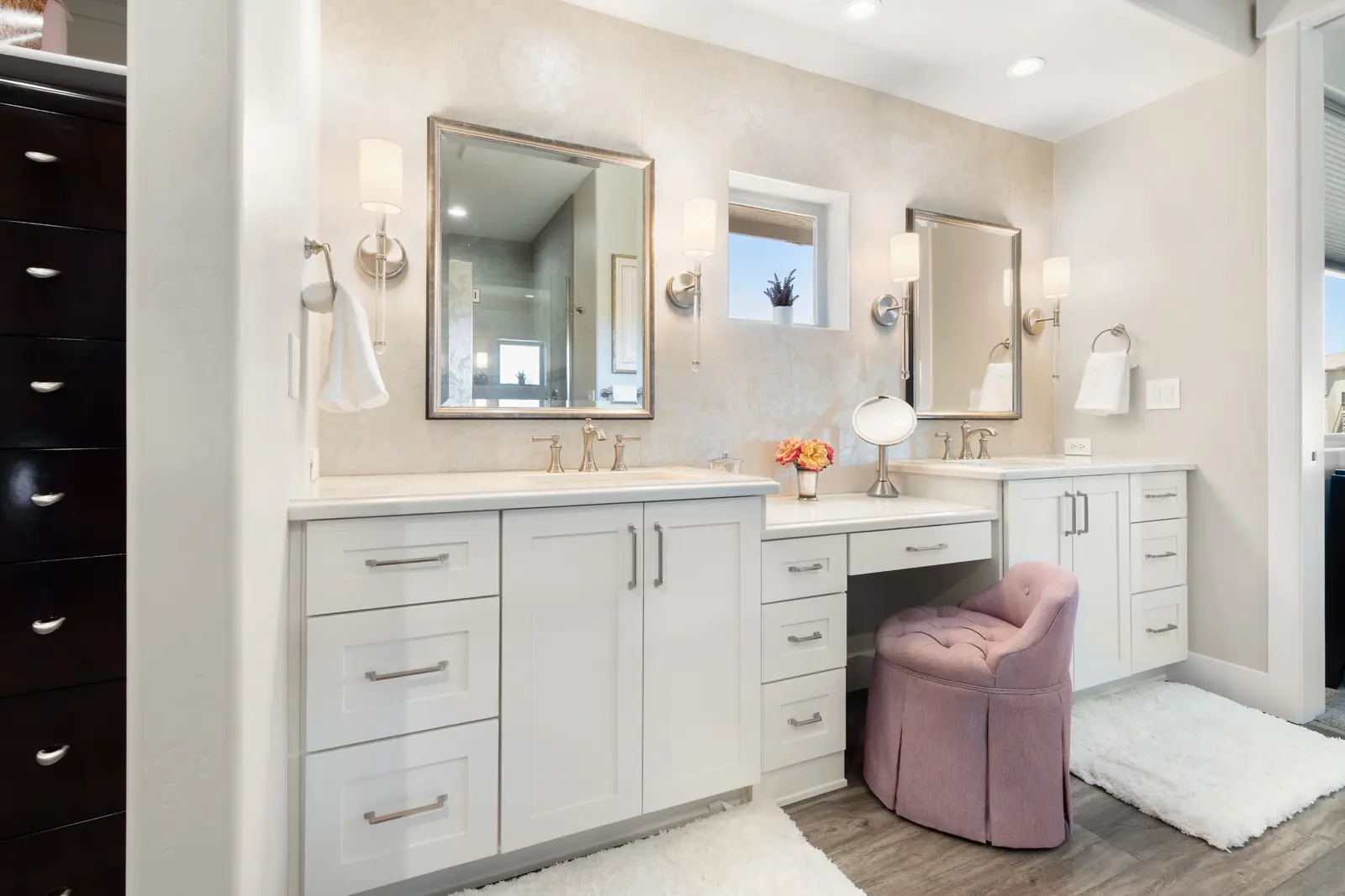 Second view of the primary bathroom vanity and mirrors, Layers of Romance, Refined Designs by Natalie