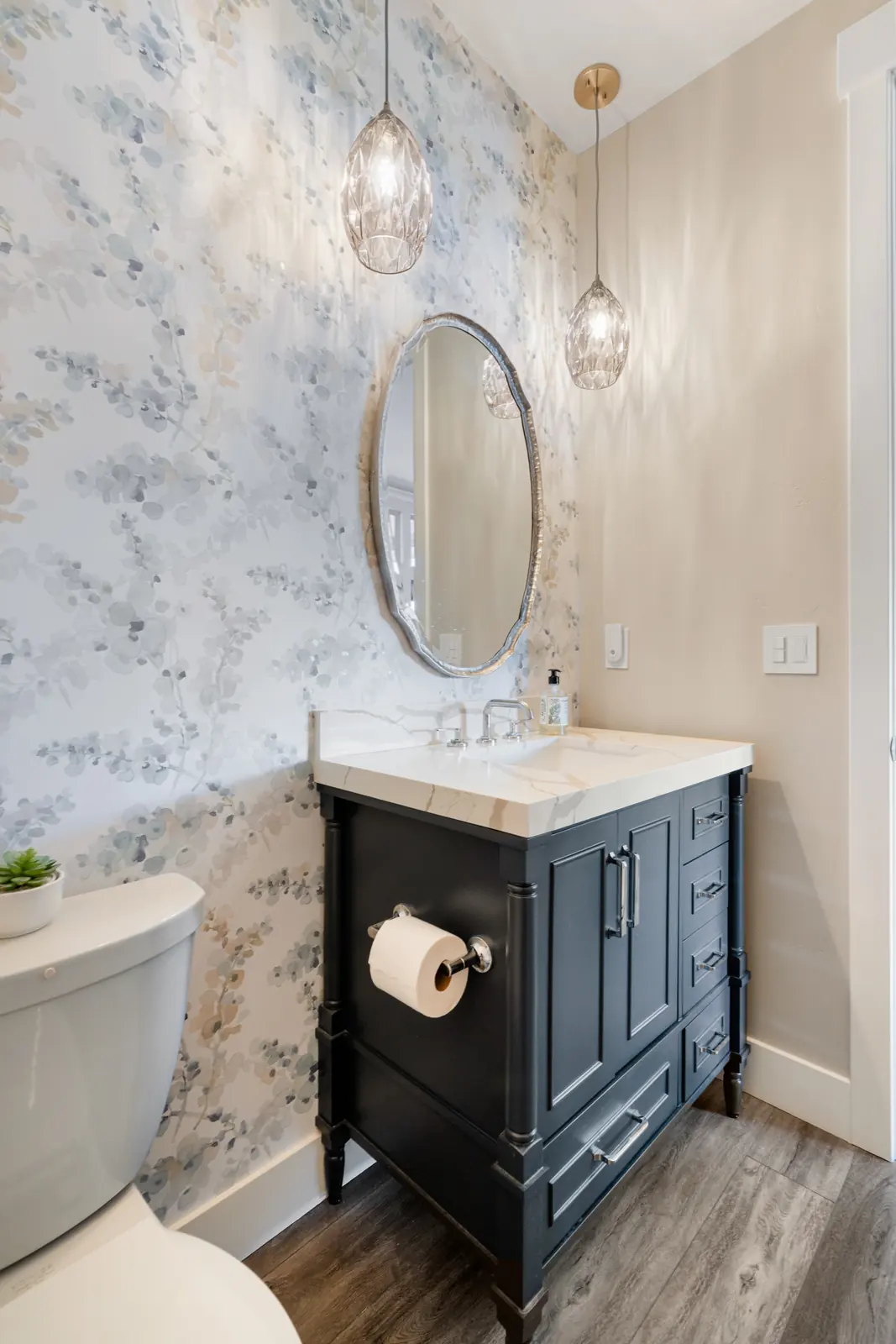 Powder room detail with custom lighting, Layers of Romance, Refined Designs by Natalie