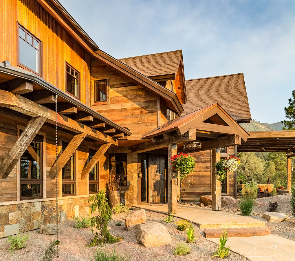 Timber and reclaimed wood exterior, Rustic Mountain Retreat, Refined Designs by Natalie