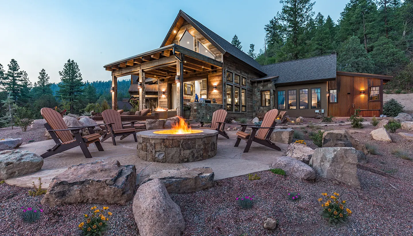Fire pit terrace outside the home, Rustic Mountain Retreat, Refined Designs by Natalie